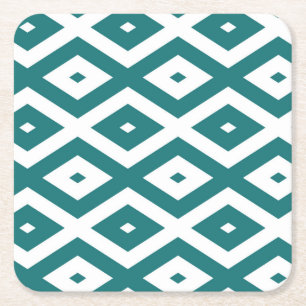 Teal and white diamond pattern square paper coaster