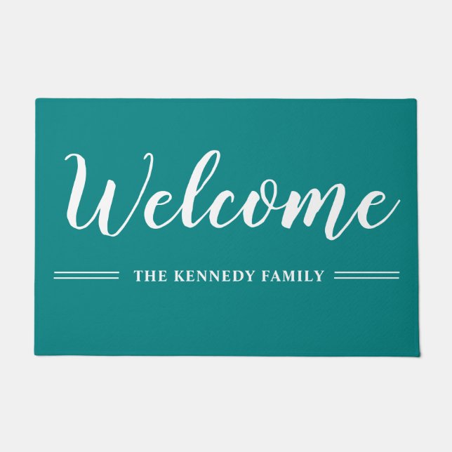 Teal And White Family Name Welcome   Doormat (Front)