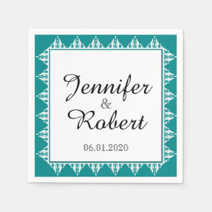 Teal and White Filigree Border Wedding Napkin