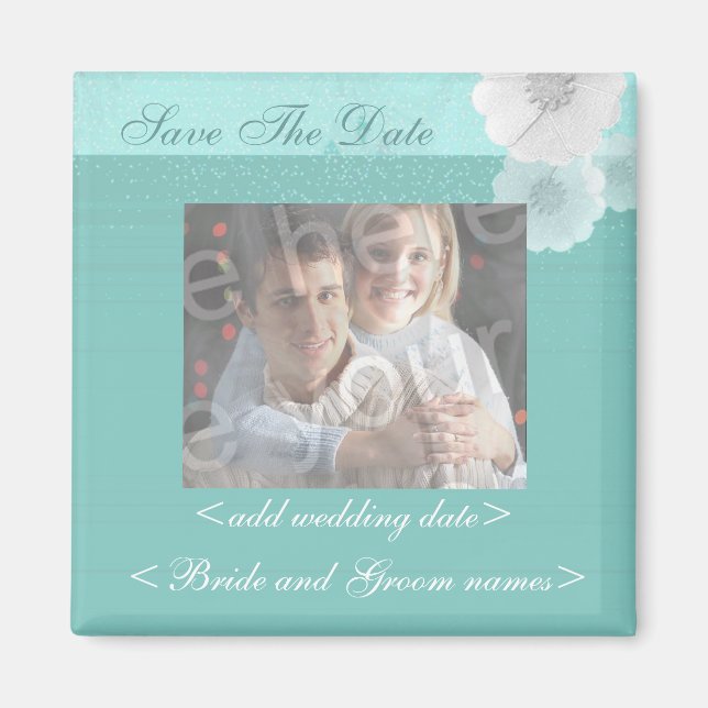 Teal And White Floral Save The Date Photo Magnet (Front)