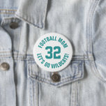 Teal and White Football Mum Jersey Number 7.5 Cm Round Badge<br><div class="desc">Cheer on your favourite sports team, football player or just show off your school pride with a custom personalised spirit button! Add your school name or personalise with a player's name and jersey number. Perfect for football, basketball, baseball and soccer games! Create custom pins for the whole team, cheerleaders, parents...</div>