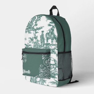 Teal and White French Toile Pattern Personalised Printed Backpack