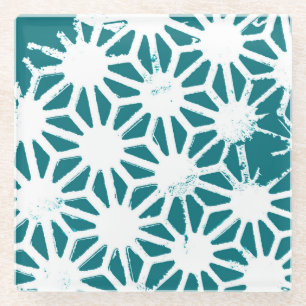 Teal and white geometric pattern glass coaster