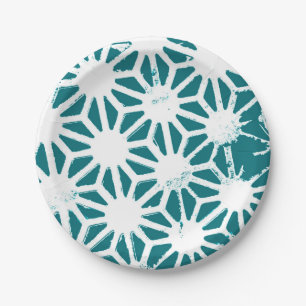 Teal and white geometric pattern paper plate