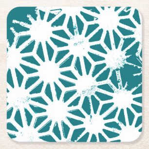 Teal and white geometric pattern square paper coaster