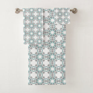 Teal and white geometric patterned  bath towel set