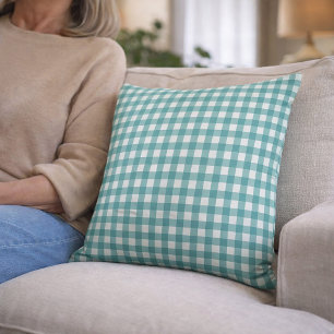 Teal and White Gingham Pattern Cushion