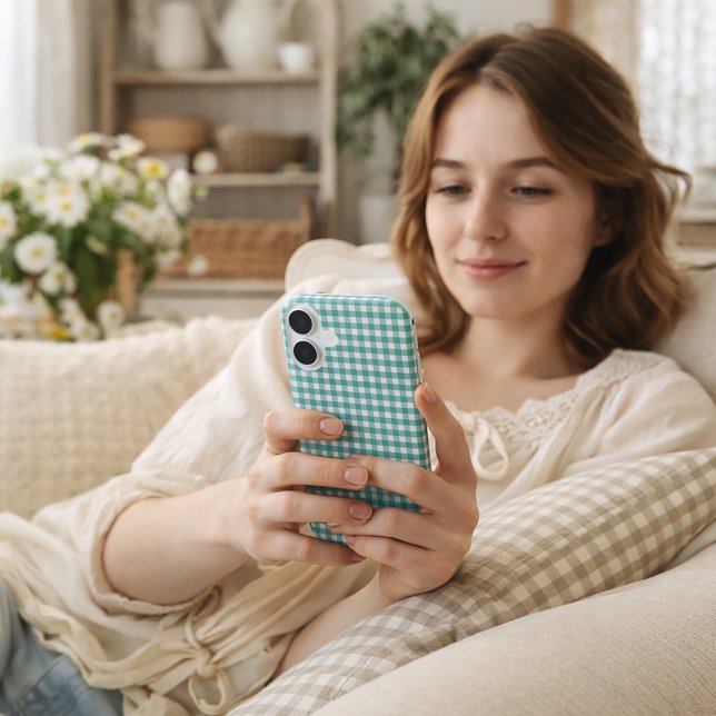 Teal and White Gingham Plaid Pattern Case-Mate iPhone Case (A phone case with a gingham plaid pattern.)