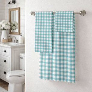 Teal and White Gingham Plaid Pattern Chequered Bath Towel Set