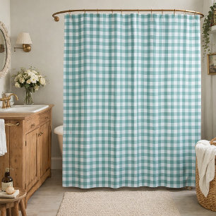 Teal and White Gingham Plaid Pattern Cottagecore Shower Curtain