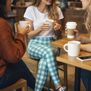 Teal and White Gingham Plaid Pattern Leggings