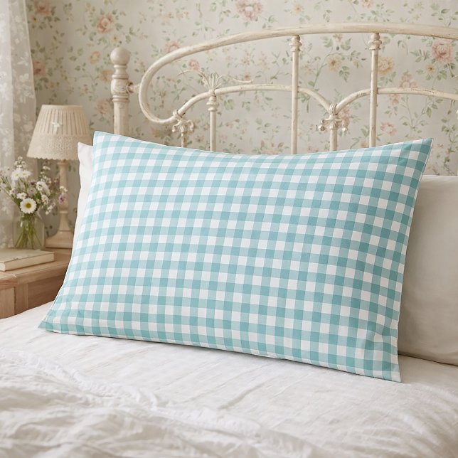 Teal and White Gingham Plaid Pattern Pillowcase (A pillow case with a teal and white gingham plaid pattern)