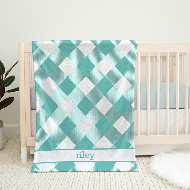 Teal and White Gingham Plaid Personalised Fleece Blanket (Creator Uploaded)