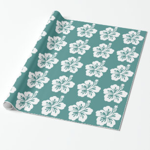 Teal and White Hibiscus Flower Wrapping Paper
