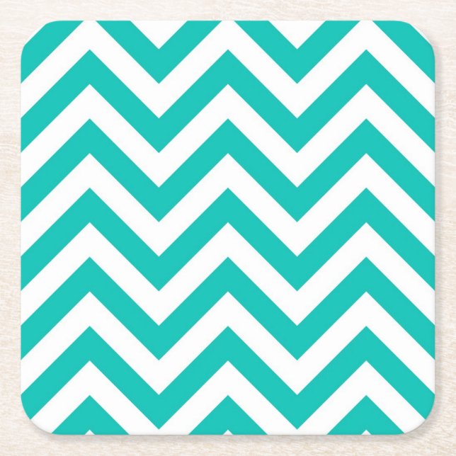 Teal and White Large Chevron ZigZag Pattern Square Paper Coaster (Front)