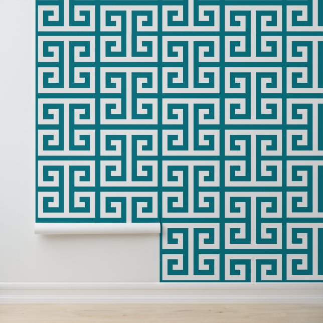 Teal and White Large Greek Key Wallpaper (Application)