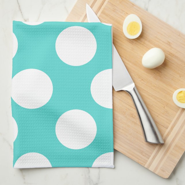 Teal and White Large Polka Dot Kitchen Towel (Quarter Fold)