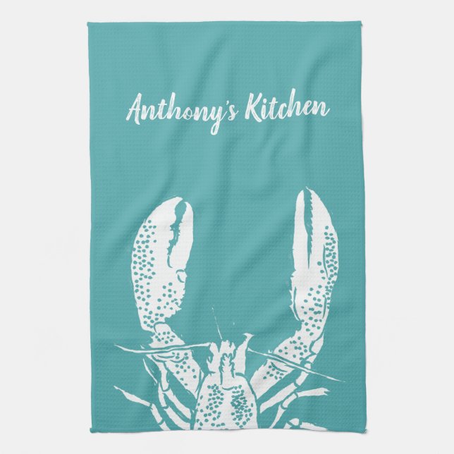 Teal and White Lobster, Nautical Personalised Tea Towel (Vertical)