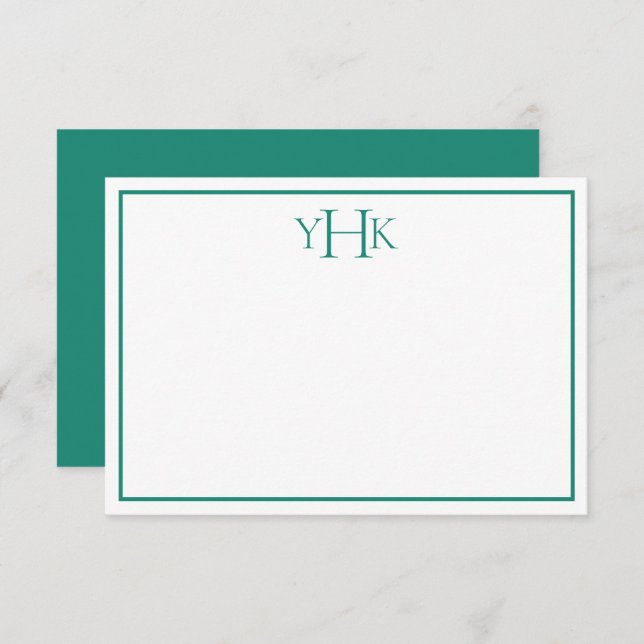 Teal and White Monogrammed Flat Note Card (Front/Back)