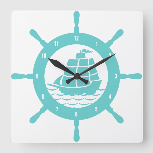 Teal And White Nautical Boat Wheel Square Wall Clock (Front)