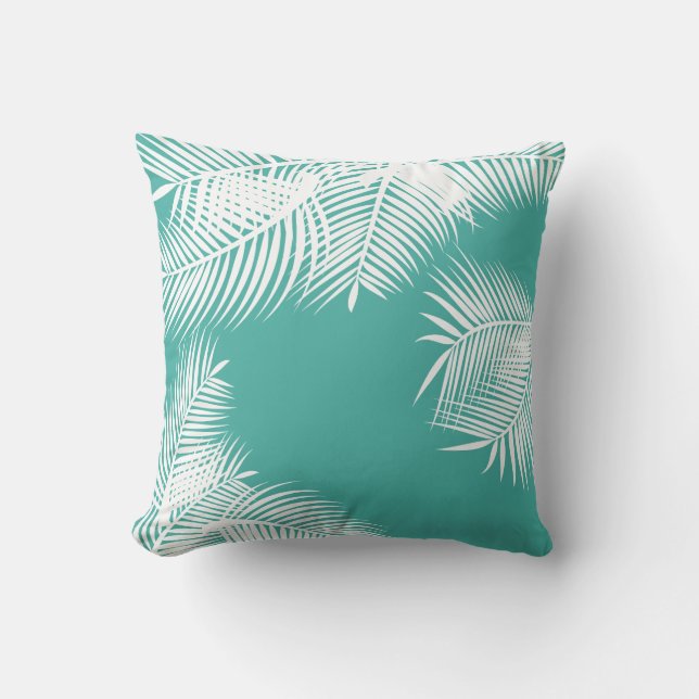 Teal and White Palm Leaves Cushion (Front)