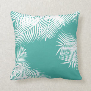 Teal and White Palm Leaves Cushion