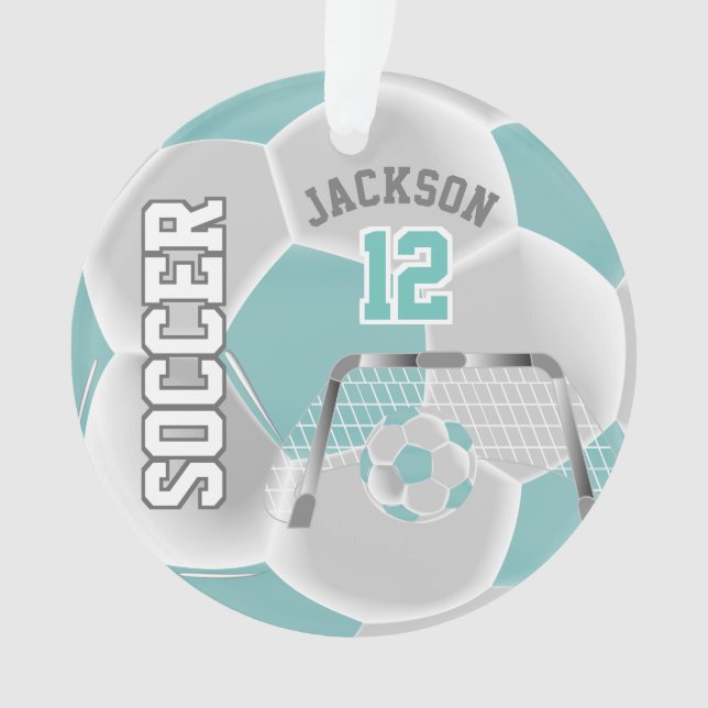 Teal and White Personalise ⚽ Soccer Ball Ornament (Front)