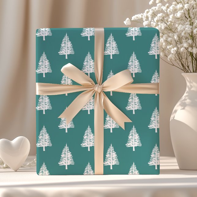 Teal and White Pine Trees Christmas Wrapping Paper (Creator Uploaded)