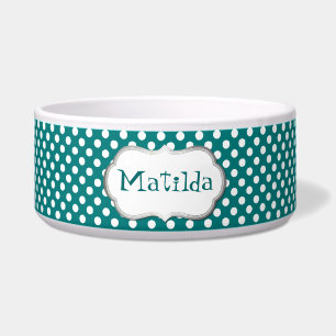 Teal and White Polka Dot Custom Dog Bowl
