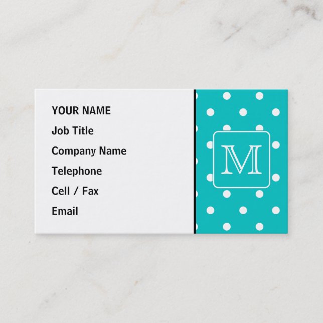 Teal and White Polka Dot Pattern. Custom Monogram. Business Card (Front)