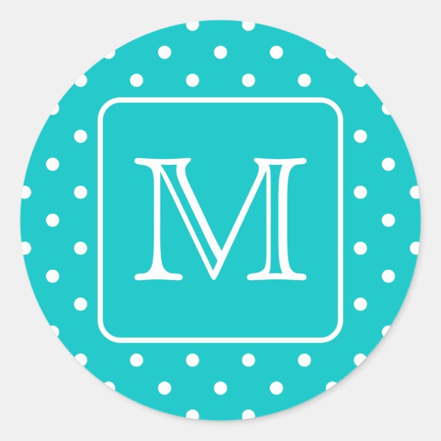 Teal and White Polka Dot Pattern. Custom Monogram. Classic Round Sticker (Front)