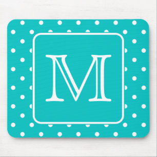 Teal and White Polka Dot Pattern. Custom Monogram. Mouse Mat