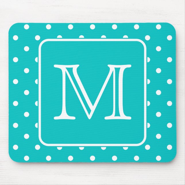 Teal and White Polka Dot Pattern. Custom Monogram. Mouse Mat (Front)