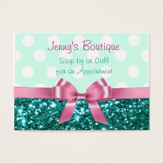 Teal and White Polka Dot with Pink Bow & Glitter Business Card