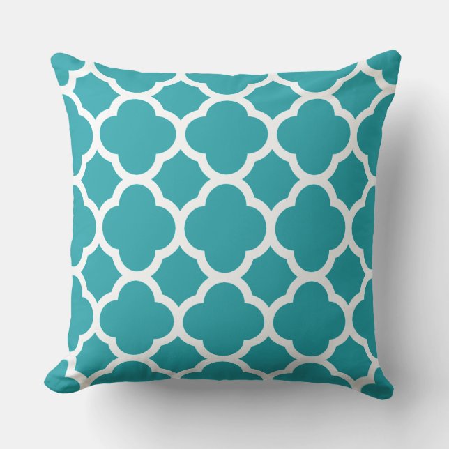 Teal and White Quatrefoil Pattern Cushion (Front)