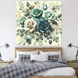 Teal and White Roses Canvas Print