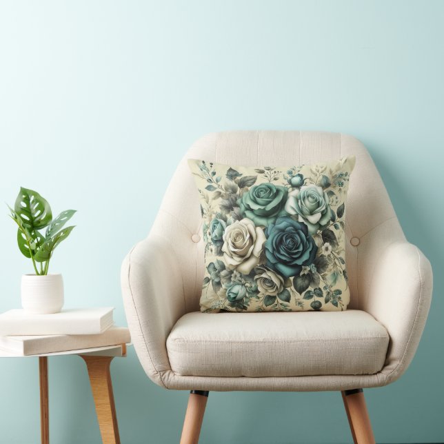 Teal and White Roses Cushion (Chair)