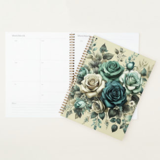Teal and White Roses Planner