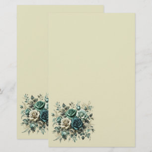 Teal and White Roses Stationery