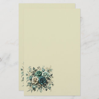 Teal and White Roses Stationery