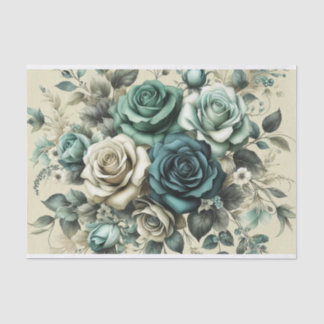 Teal and White Roses Tissue Paper