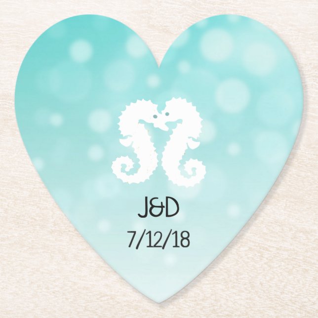 Teal and White Seahorse Wedding Heart Coaster (Front)