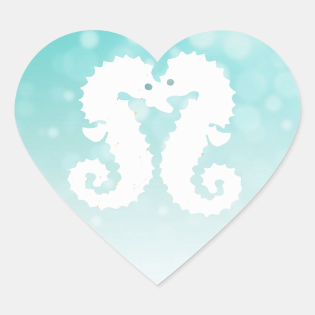 Teal and White Seahorses Kissing Heart Sticker (Front)