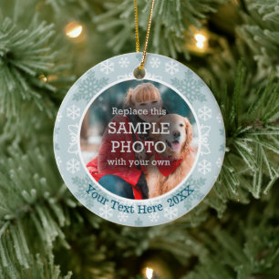 Teal and White Snowflakes, Two Photo, Two Sided Ceramic Tree Decoration