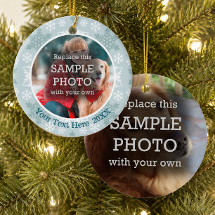 Teal and White Snowflakes, Two Photo, Two Sided Ceramic Tree Decoration