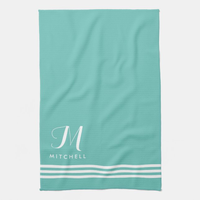 Teal and White Sophisticated Stripes and Monogram Tea Towel (Vertical)