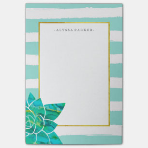 Teal and White Stripes with Watercolor Succulent Post-it Notes