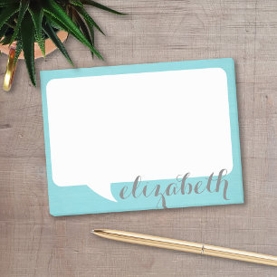 Teal and White Talk Bubble with script Name Post-it Notes