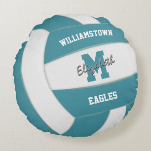 teal and white team colours girls boys volleyball round cushion