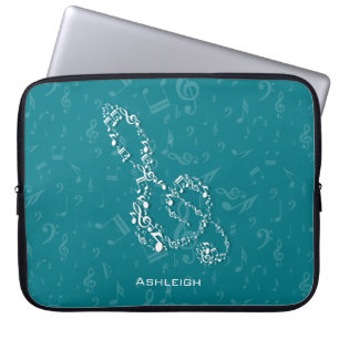 Teal and White Treble Clef Music Notes Laptop Sleeve
